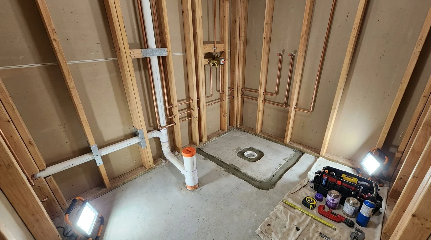 Bathroom rough-in plumbing during remodel by Johns Plumbing LLC in East Greenville
