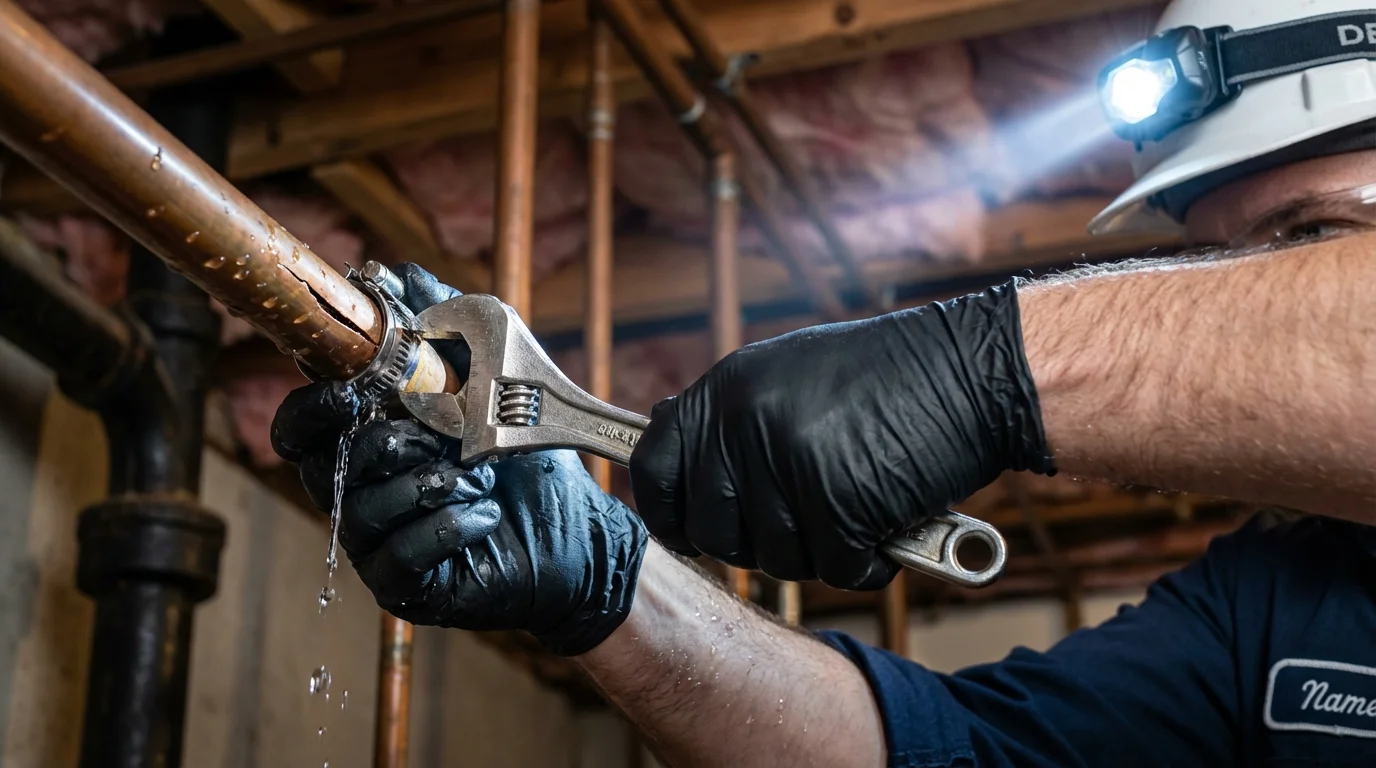 Emergency pipe clamp repair being performed by a Johns Plumbing LLC plumber in East Greenville