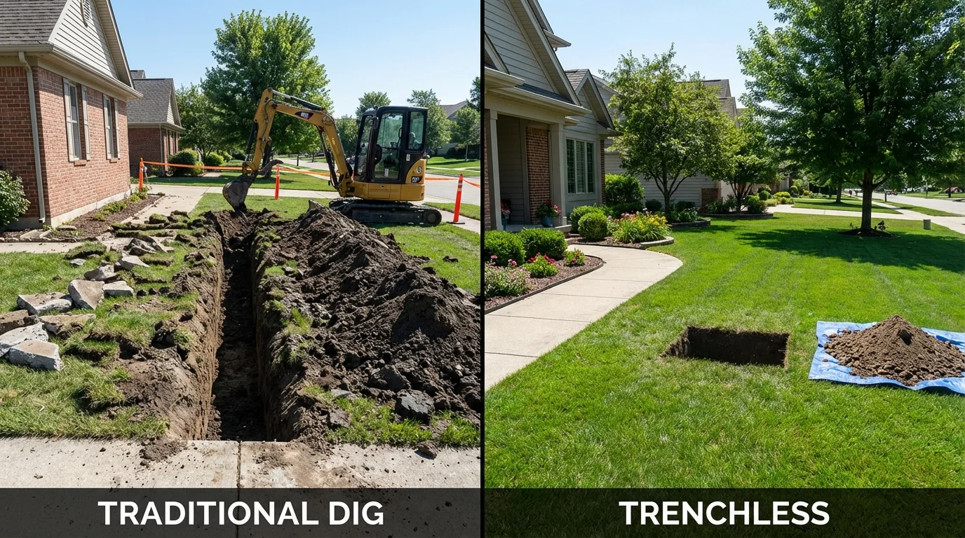 Trenchless sewer repair with minimal yard damage versus traditional excavation in East Greenville, PA