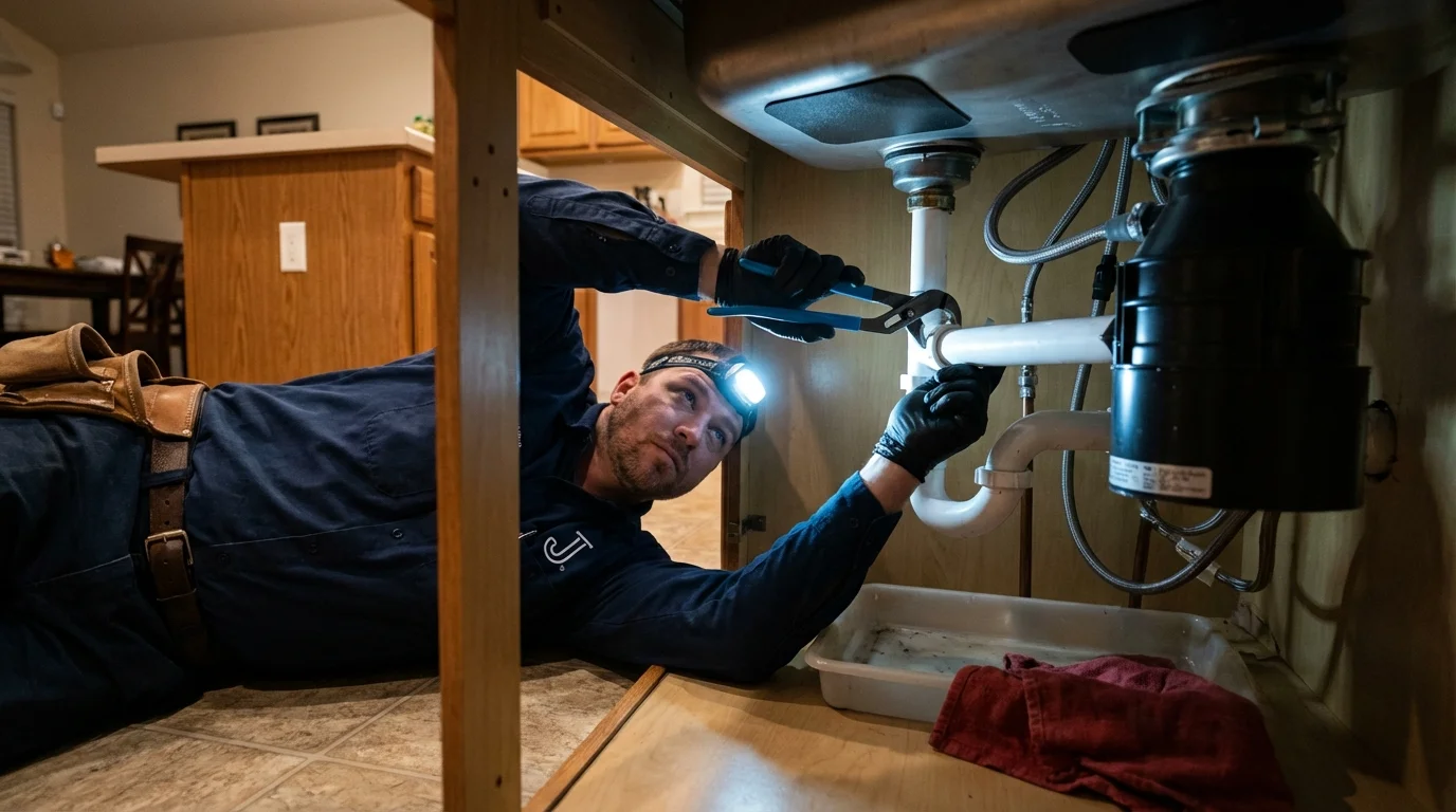 P-trap and supply line connections under a kitchen sink showing a common leak point in East Greenville, PA